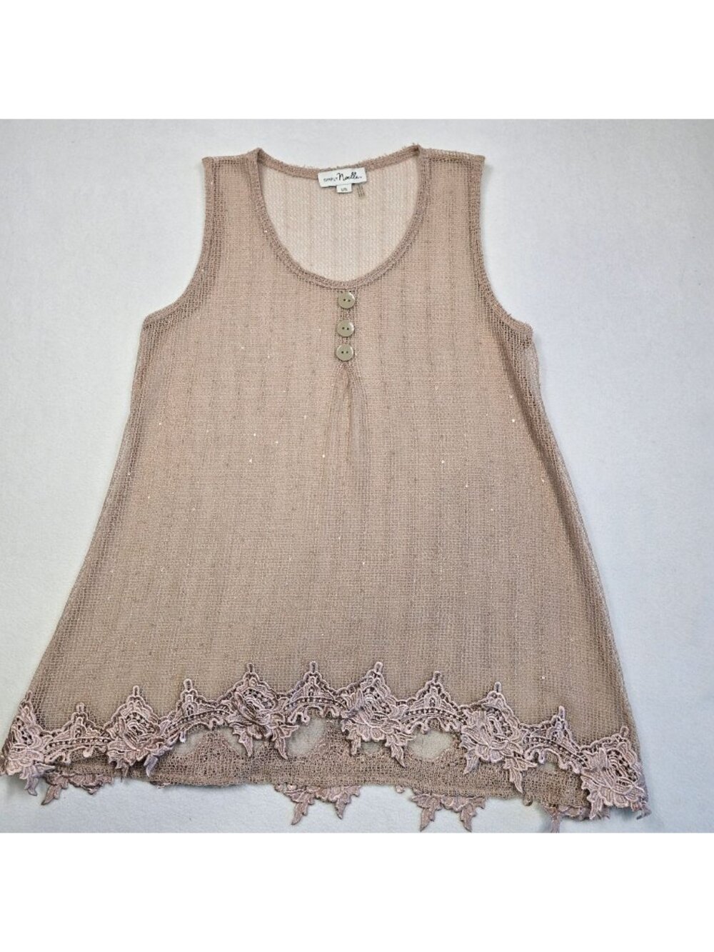 Simply Noelle L/XL Sleeveless Mesh Knit Top Taupe Lace Hem Boho Lagenlook Layers